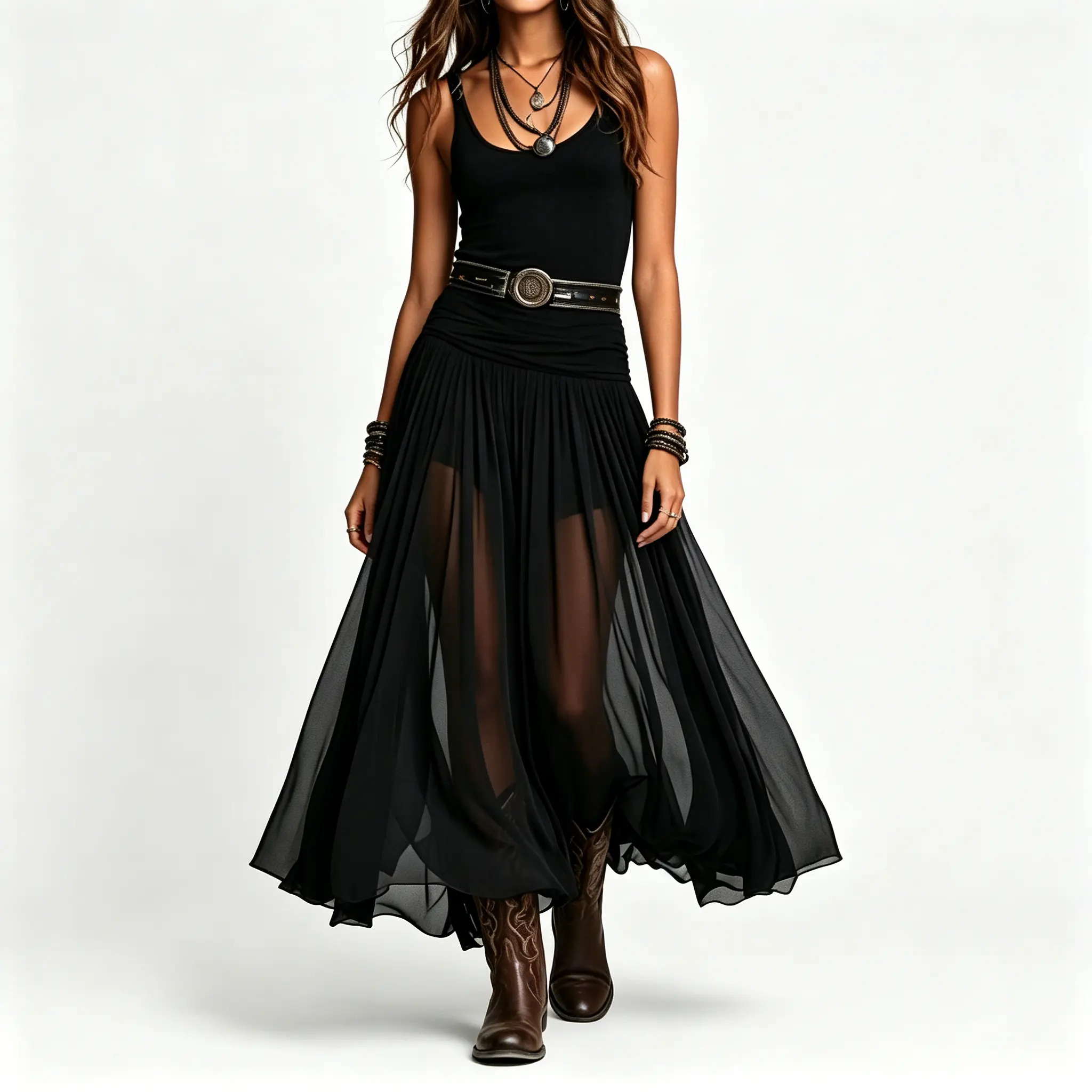 Women's Vintage Maxi Skirt Set(Excluding Belt)  - Scoop Neck Sleeveless Tank, Boho Matching Set, High-Quality Fabrics, Sheer Pleats Long Skirt, Ruffled Hem, Cami Fabric, Chiffon Polyester, Holiday, Skirts, Slim-Fitting