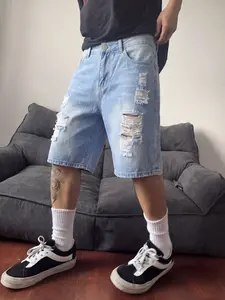 Men's Vintage Casual Denim Jeans Shorts, Loose Fit Zipper Light Blue Ripped Bike Shorts, Perfect for Outdoor, Menswear Fashion Hip Hop Street Style, Streetwear