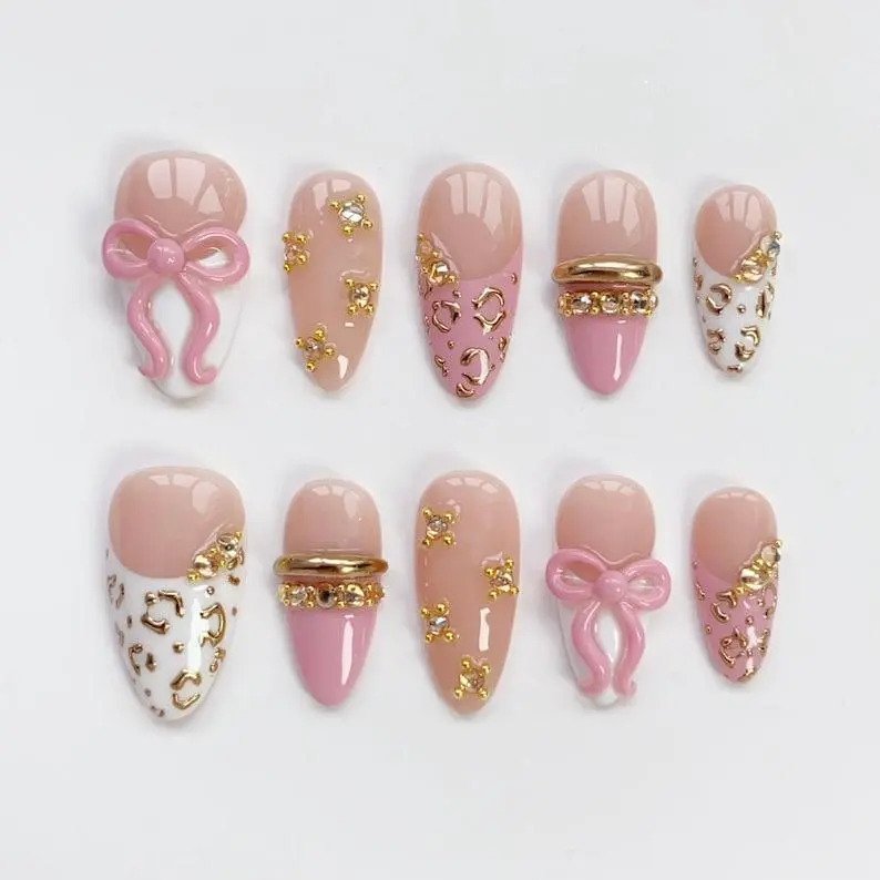 Pink bow Nails/bangle nails/press on nails long almond nails/Elegant nails/Gold leopard print nails/Birthday nails/Custom nails/Cute Nails