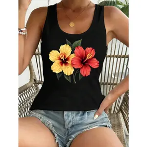 Women's Twin-Flowered Hibiscus Print Blouse With Bohemian Style For Tropical Summer Beach Casual Wear. Sleeveless Summer Top For Summer Vacation. Suitable For All-Day Wear. Whether You Are Traveling, Going To Work, Shopping, Or Relaxing At Home