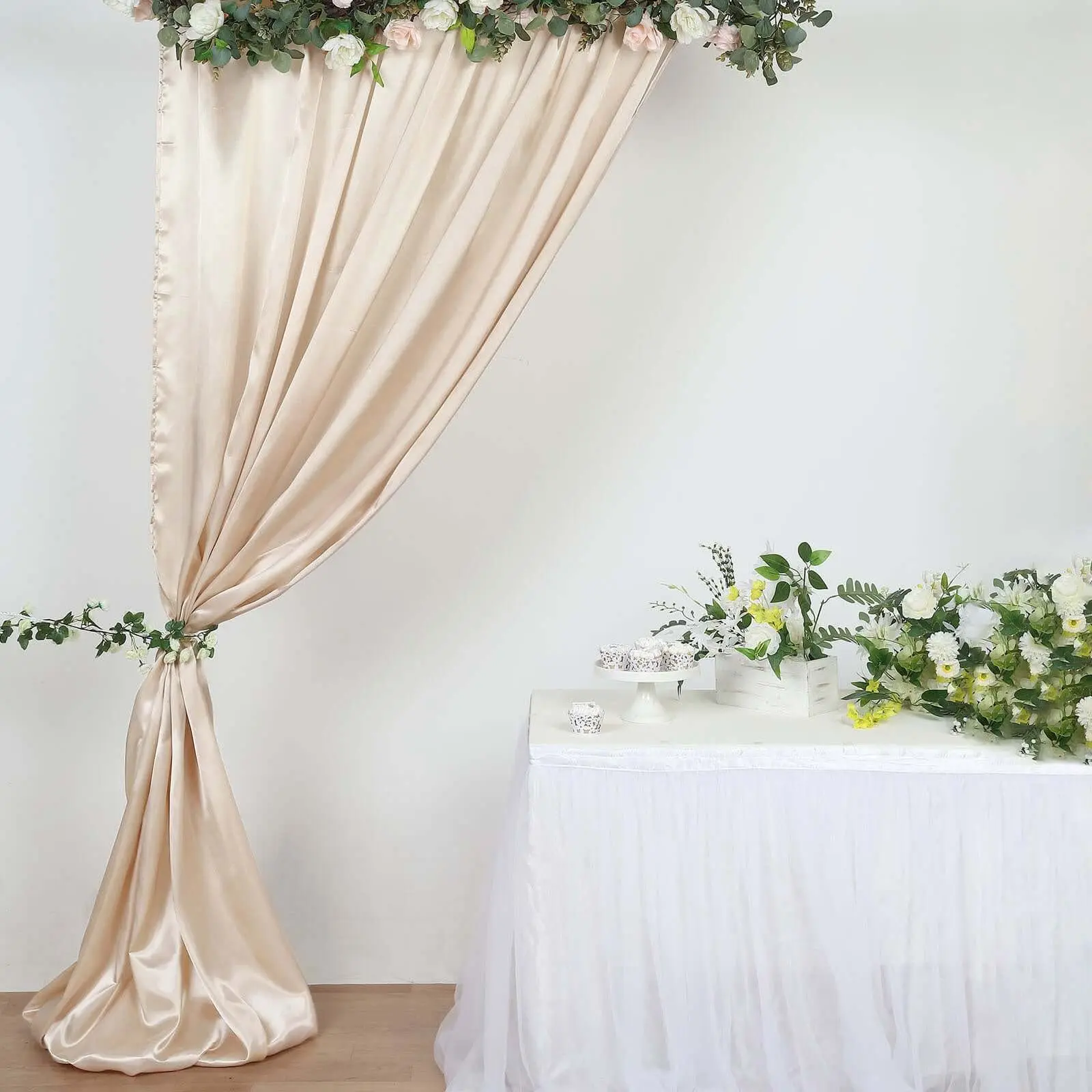 Beige Satin Backdrop Drape Curtain, Photo Booth Event Divider Panel - 8ftx10ft