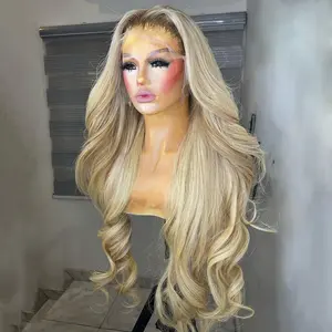 13X6 Lace Frontal Human Hair Wigs Brown Root Ash Blonde Colored Body Wave Hairstyle Transparent Lace 180% Density Ombre Ash Blonde Human Hair Wig For Women Pre-Plucked 28 30 32 Inches