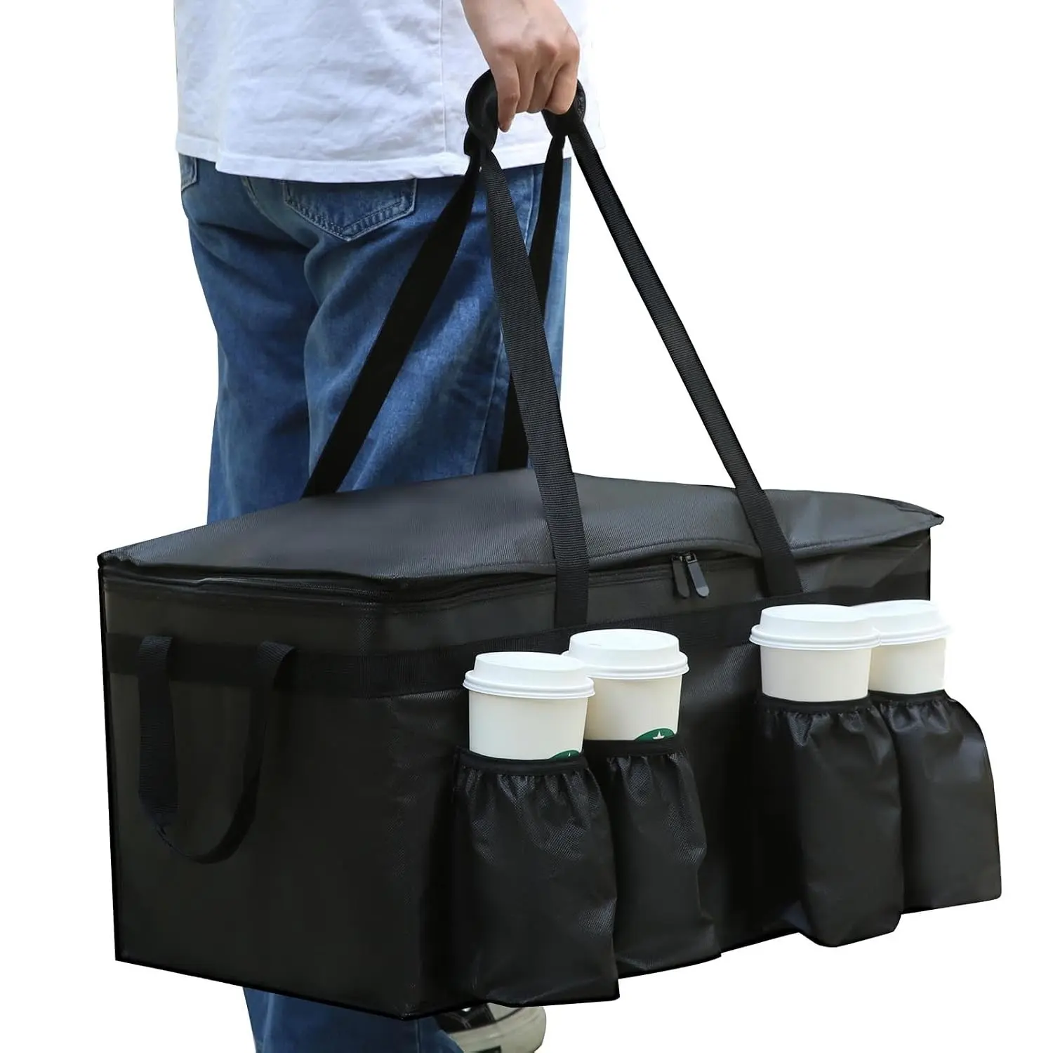 Catering Bag for doordash uber eats 22x14x13 Insulated Food Delivery Bag with Cup Holders/Drink Carriers Premium XXL, Beverages, Grocery, Pizza