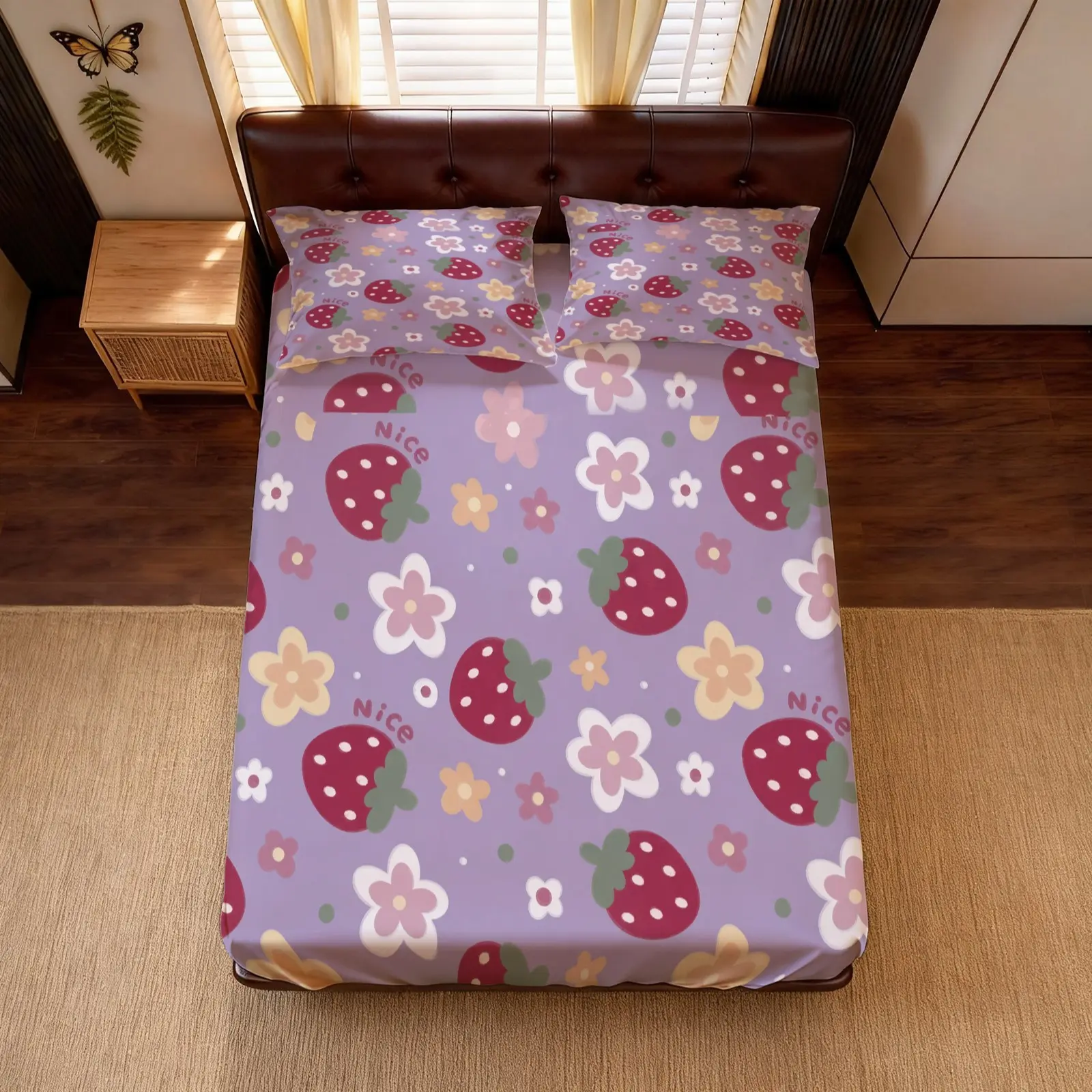 3Pcs Sweet Strawberry Flower Pattern Fitted Sheet Set, No Pillow Insert Included, Cozy Elastic Bed Sheet Set, Decorative Bedding for Home Bedroom, Ideal Gift for Her, Friends, Family for Holiday & Daily Use