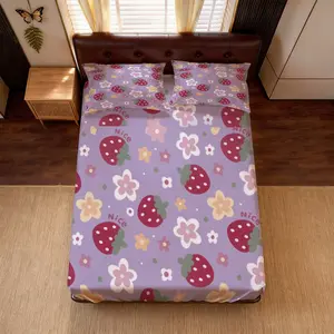 3Pcs Sweet Strawberry Flower Pattern Fitted Sheet Set, No Pillow Insert Included, Cozy Elastic Bed Sheet Set, Decorative Bedding for Home Bedroom, Ideal Gift for Her, Friends, Family for Holiday & Daily Use