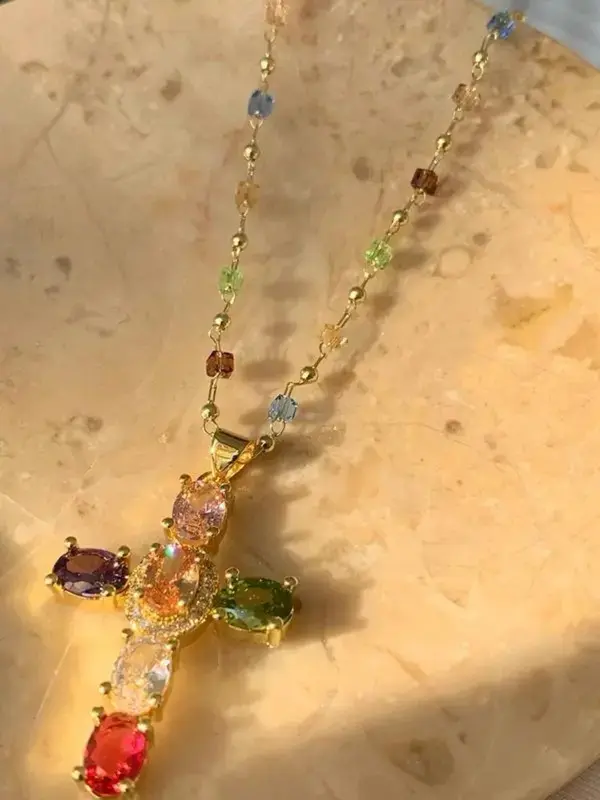 Women's Colorful Cross Pendant Necklace with Crystal Rhinestone Design Elegant Party & Daily Wear Accessory Zirconia Chain Vibrant Colors Intricate Craftsmanship