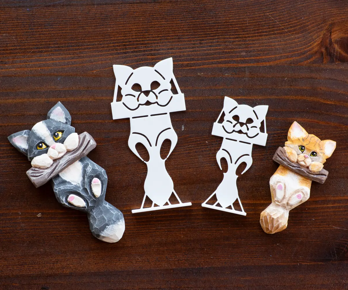 Cat on a Log Wood Carving Stencil SET | 3D Printed Template for Caricature & Wood Spirit Designs | Tutorial Video Below