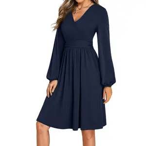 Dokotoo Womens 2026 Fall Wrap V-Neck Long Sleeve Empire Waist Dress Elegant Mini Dresses with Pockets