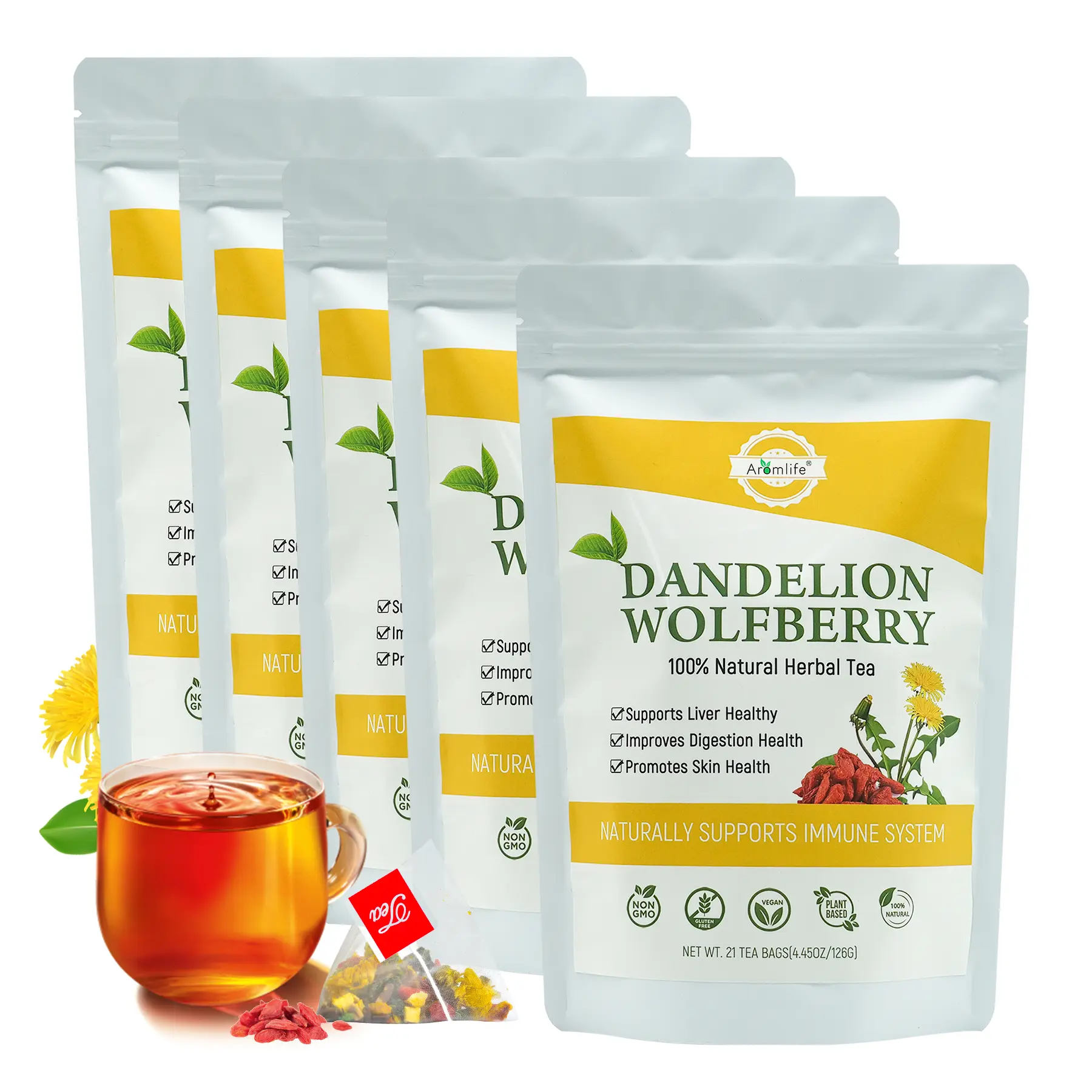 Aromlife Natrual Dandelion Wolfberry Tea Supports Liver Health, 5 Packs Organic Liver Detox Dandelion Root Tea for Digestion Health, 21 Teabags/Pack Caffeine-free Goji Berries Tea for Skin Health