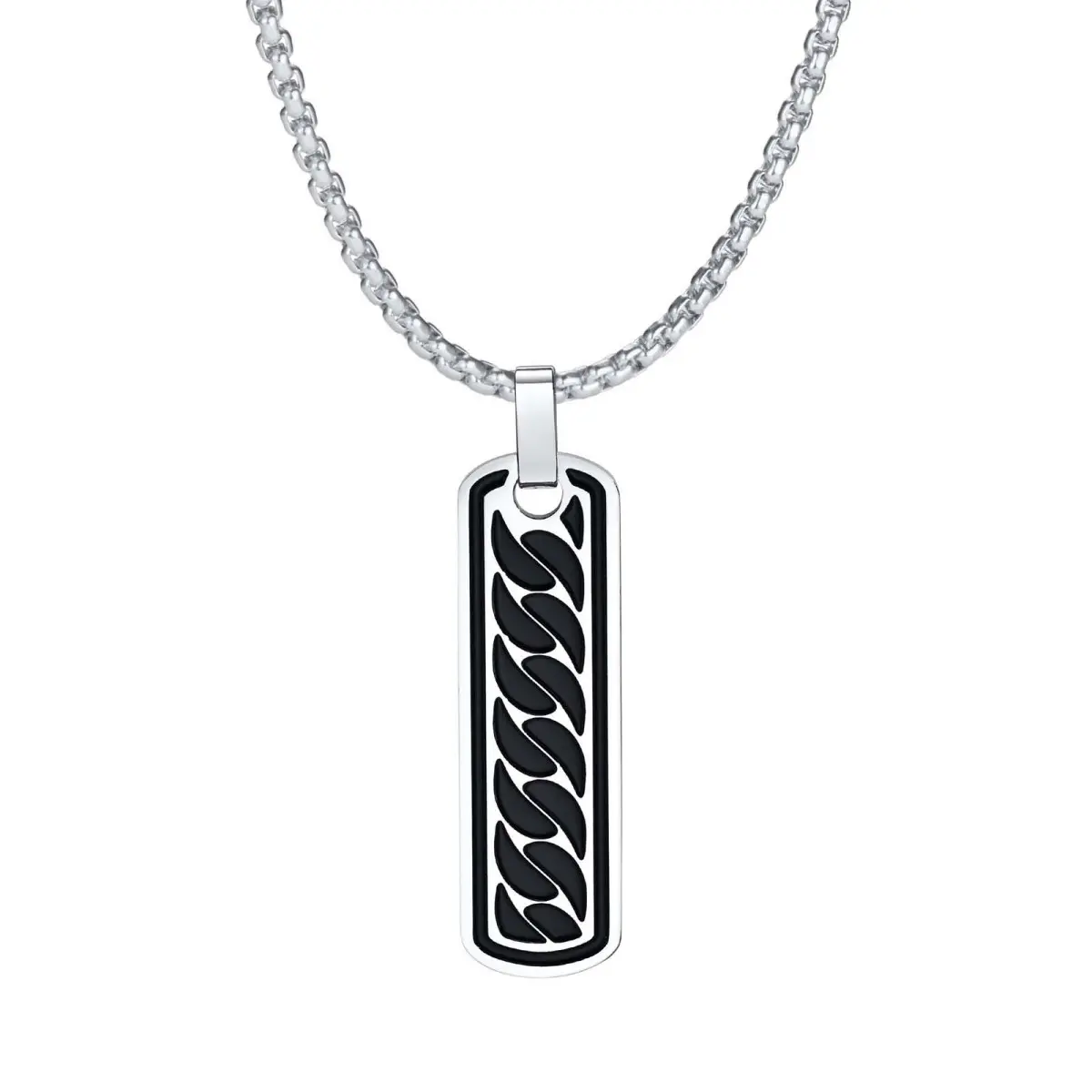 Men's Stainless Steel Bar Shape Pendant Necklace - Black Enamel Detail, Long Length, Casual Chain & Link Design for Daily Wear, Elegant, Geometric, Unisex, Modern, Yes