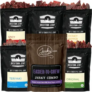 Easier to Chew Jerky Combo - 5 Unique Flavors of Soft & Tender Beef Jerky, Original, Teriyaki, Honey Pepper, Sweet BBQ, and Spicy - Great Assortment and Variety of Healthy Dried Meat Snacks