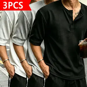3-Pack Men’s Waffle Knit Henley T-Shirts, Summer Short Sleeve Casual Tops, Loose Fit Crew Neck Tees, Breathable Solid Color Basic Shirts for Everyday Wear, Streetwear Essentials