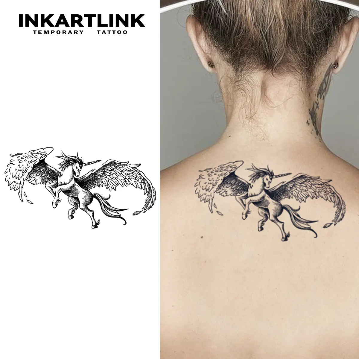 INKARTLINK Tattoo Tech,2 Sheets Extra-Large Semi Permanent Tattoo, Adult Art Design Temporary Tattoos, Lasts 1-2 Weeks, Waterproof, Realistic look, No Adhesive, No reflection (Angel Horse Design?
