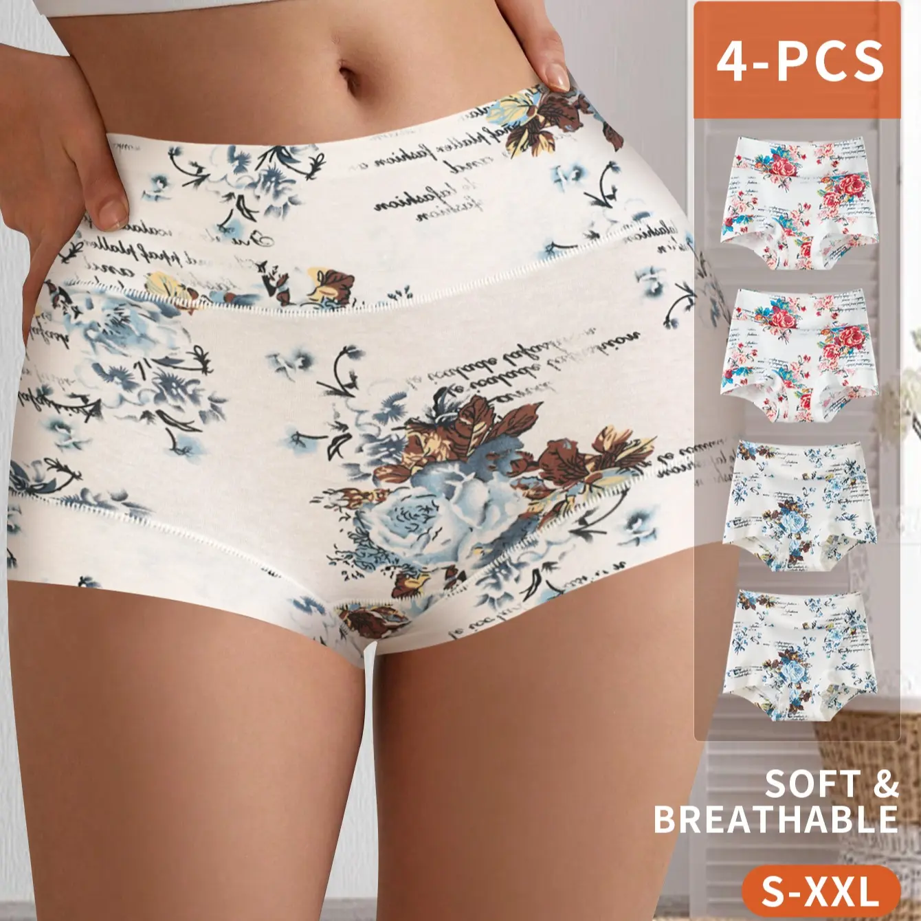 QUASTI Women's High-Waisted Cotton Underwear - 4-Piece Soft Comfy Knicker Set, Cute Floral Design, 2*Blue + 2*Red