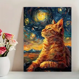 12x16 Inch Charming Orange Cat Canvas Print – Frameless Wall Art with Starry Night Sky & Roses, Unique Decor for Living Room, Bedroom, Office, or Dining Room, Perfect Gift Idea, Cat Decor