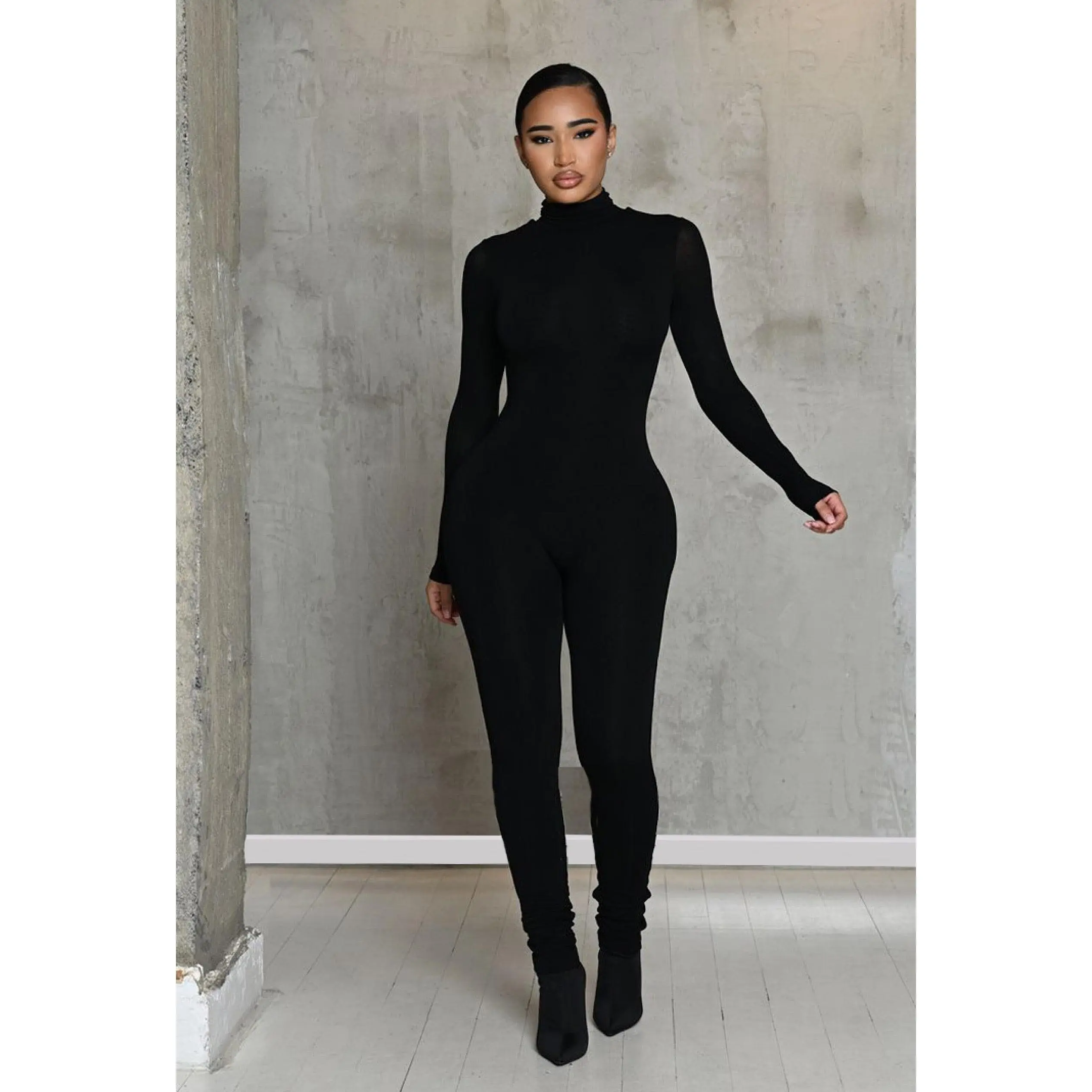 Matte Basix Sculpt Turtle Neck Jumpsuit - Black