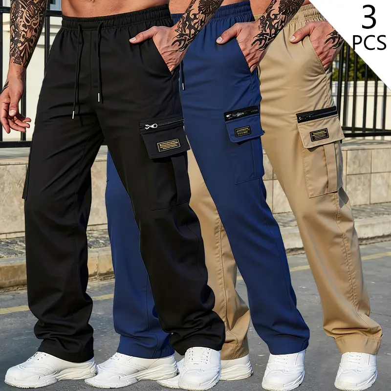 3-Pack Men’s Casual Versatile Straight Cargo Pants – Drawstring, flap pockets, straight cut design, mid-rise long pants—ideal for casual everyday wear, outdoor activities, formal occasions, and daily work—perfect choice for autumn.fathersdaygift