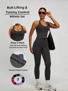 Women's 2 Piece Workout Set, Padded Halter Neck Tank Top, High Waisted Leggings, Hidden Back Pocket, Yoga Gym Running, All Seasons, Sportswear Set, Gym Sets, Fitness Outfits, Yoga Activewear
