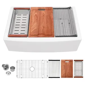 Logmey 33 Inch Workstation Farmhouse Sink 33 x 21 In White Ceramic Apron Fireclay Single Bowl Undermount Kitchen Sink