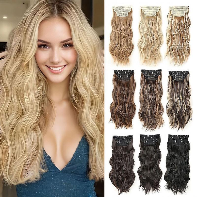 [Human Hair and Synthetic Fiber Blend Series] 22/24-inch Invisible Clip-in Wavy Hair Extensions, tangle-free, long and thick natural-looking hairpieces, suitable for women.