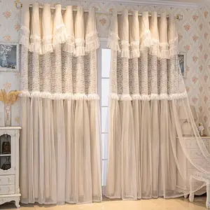 1pc French Vintage Double Layer Full Light Blocking Curtains, Lace Ruffle + Soft Sheer Light Blocking, Multi-Color, Ideal Home Decor