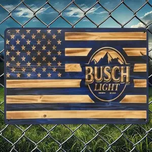 Busch Light American Flag Metal Sign | Patriotic Tin Wall Decor for Home Bar, Man Cave, Garage | Rustic Vintage Wood Look Metal
