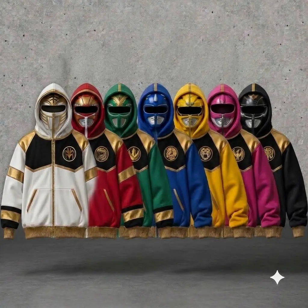 PowerrRangers Hooded Zip Balaclava Hoodie – Vintage Prehistoric Power Emblem Zip Up Jacket with Built-in Mask, Retro Cosplay Streetwear Outerwear