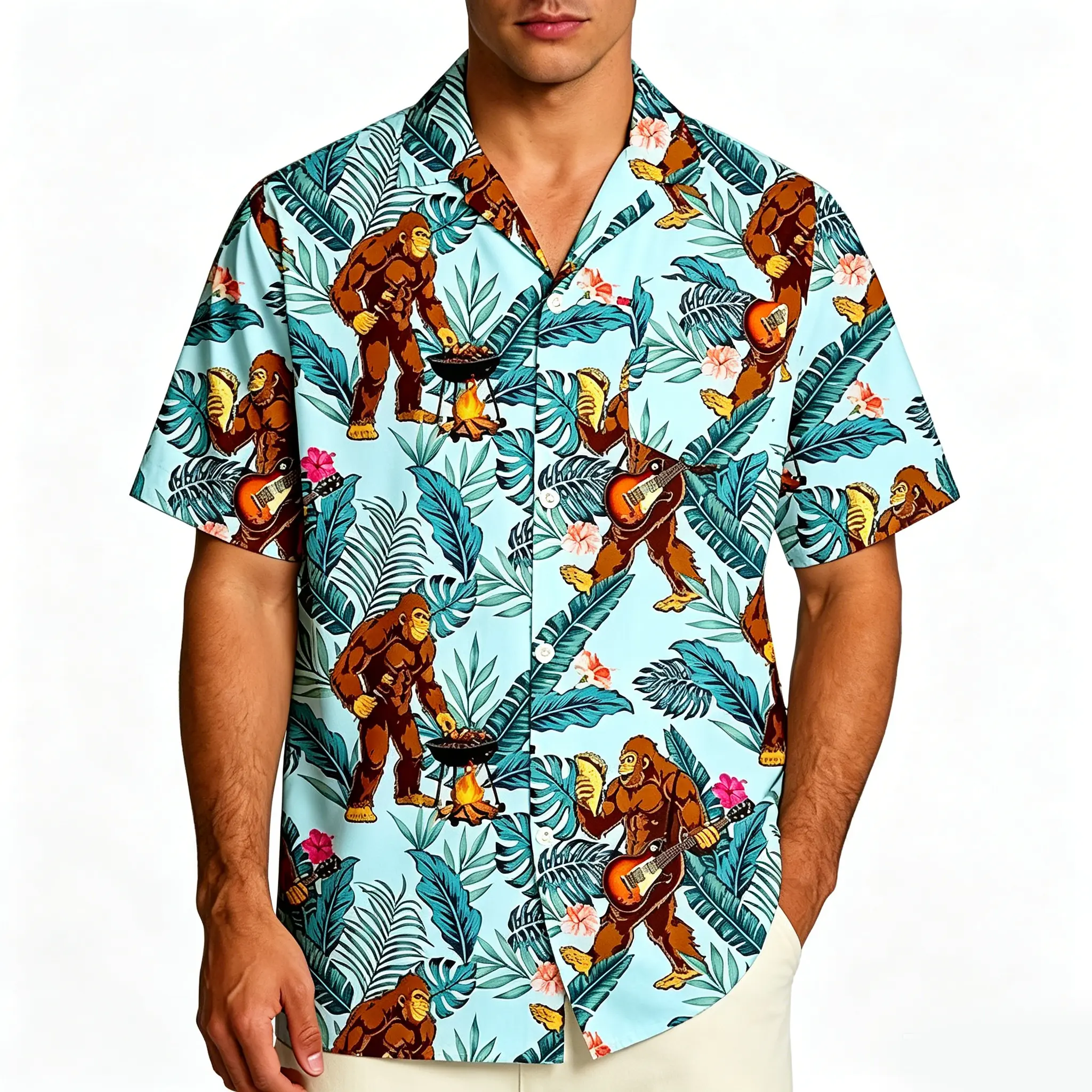 Men’s Fun Hawaiian Beach Shirt, Tropical Print Button Down, Double-Line Grid Fabric Casual Summer Shirt