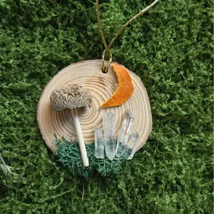 Wood Slice Acorn Mushroom Ornament with Crystals and Orane Peel Moon