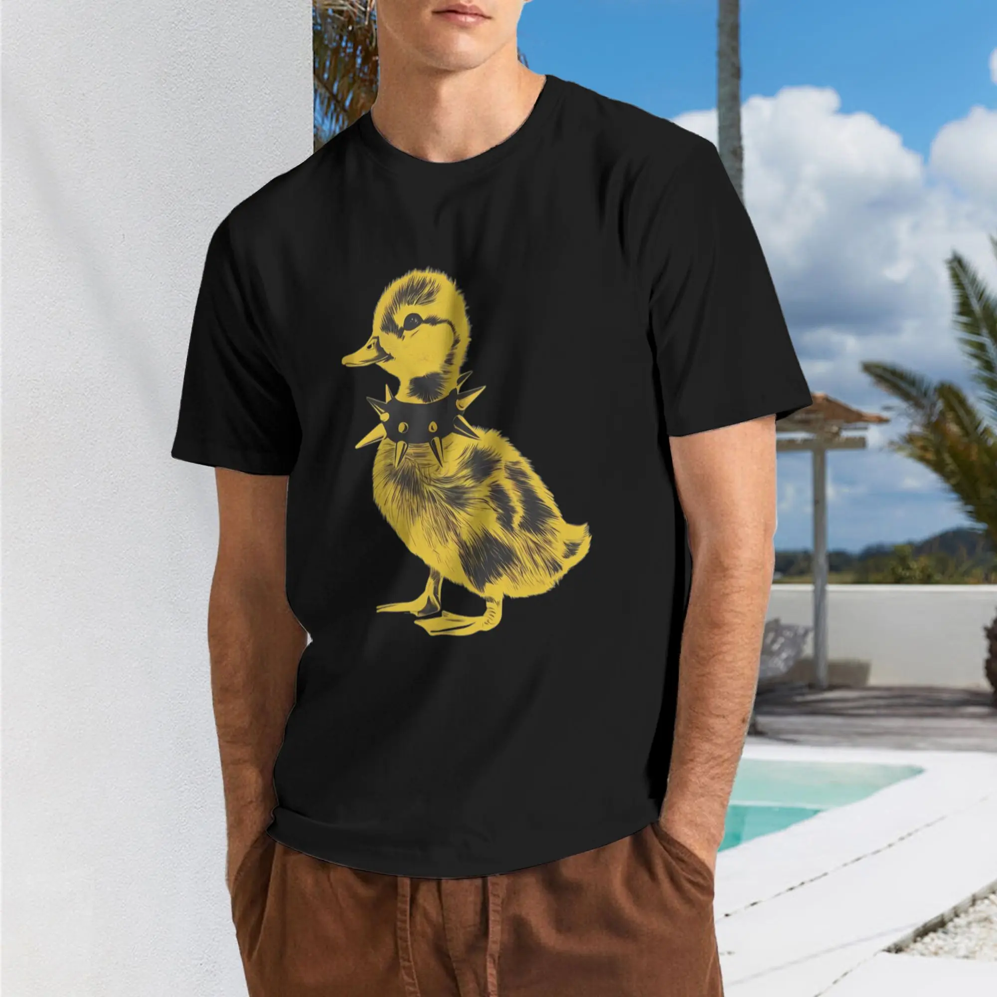 Men's Punk Duck Graphic T-shirt with Spiked Collar, Stylish Heavy Cotton Alt Streetwear for Concerts & Festivals, Tshirt, Fashion, Top, Plain, Emo