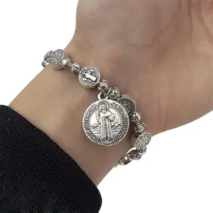 Saint St Benedict Medal Silver Rosary Bracelet Pulsera De Plata De San Benito Jewelry Charms fathersdaygifts Elegant Bangle