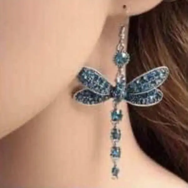 New Absolutely Stunning TEAL BLUE Rhinestone Dragonfly Earrings