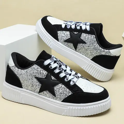 Unisex Fashionable Glitter Colorblock Patchwork Design Classic Lace Up Low Top Athletic Sneakers, Casual Trainer Footwear, Casual Comfortable Breathable Skate Shoes, Daily Wear Trainer