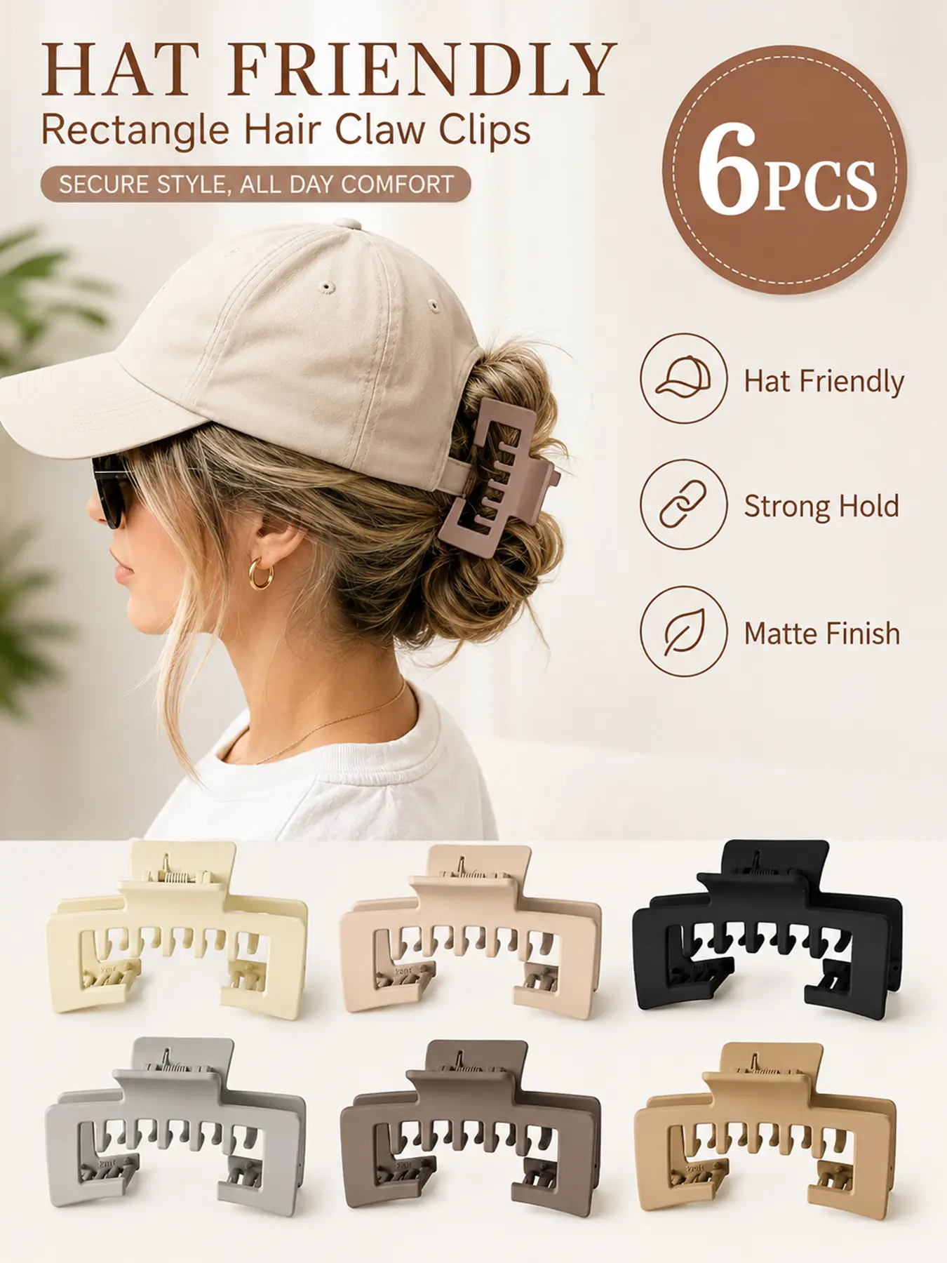 6Pcs Claw Clips for Baseball Caps, Claw Clip Pack, Strong Non-Slip Square Design, Hair Clip for Hat for Women, Hair Accessory Gifts for Thick and Fine Hair, Hair Bun Accessories, create high ponytails, messy buns for workouts or casual days