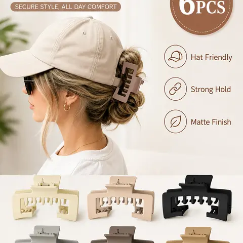 6Pcs Claw Clips for Baseball Caps, Claw Clip Pack, Strong Non-Slip Square Design, Hair Clip for Hat for Women, Hair Accessory Gifts for Thick and Fine Hair, Hair Bun Accessories, create high ponytails, messy buns for workouts or casual days
