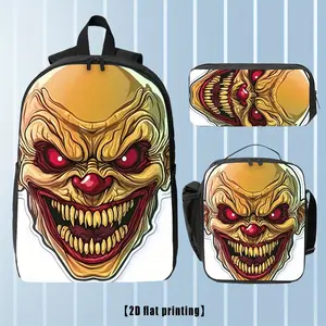 3Pcs Scary Horror Clown Mask Print Backpack Set, Includes Large Backpack, Laptop Bag & Accessory Pouch, Lightweight Durable With Adjustable Straps & Zipper Closure For Teens, Ideal For School Travel Halloween Party, Spooky Horror Fan Holiday Birthday Gift