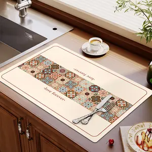Vintage Floral Dish Drying Mat, Super Absorbent Non-Slip Coffee Bar Mat for Kitchen Counter, Decorative Water Drip Pad for Sink Side, Under Bowls and Tabletop