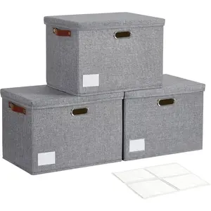 17" Large Collapsible Storage Bins with Lids Stackable Closet Organizers with PU Handle and Labels 3Pack Decorative Fabric Storage Boxes for Home Bedroom Closet Office Nursery Gray
