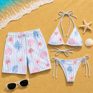 Couple Matching Beach Swimwear Set, Men’s Swim Trunks & Women’s Tropical Shell Print Bikini, Summer Vacation Hawaiian Bathing Suits for Sports & Outdoor Use