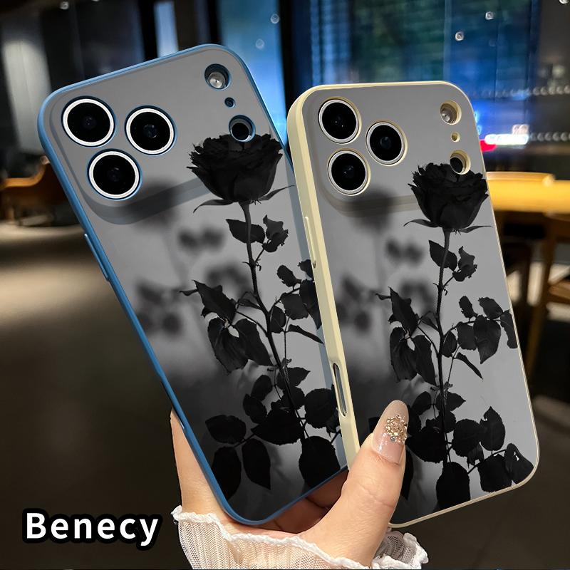 Straight Edge Phone Case for iPhone 17 15 16 14 Pro Max 13 12 11 XR XS Plus Air E Black Rose Pattern Anti-Scratch Shockproof Soft Liquid Silicone Protective Cover Smartphone Casing