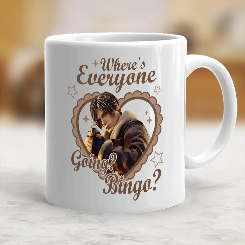 Where Everyone Going Bingo Mug Resident Evil 9 Requiem Mug, Leon Kennedy Re Video Game Mug, Survival Horror Vintage Ceramic Mug - vdg10036