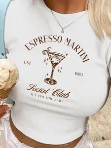 Women's Letter & Martini Graphic Tee, Casual Short Sleeve Round Neck T-Shirt for Daily Wear, Ladies Clothes for All Seasons, Tshirt, Top, Womenswear