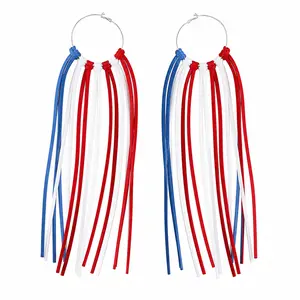 Freedom Fringe Hoops - Large Leather Fringe Earrings, Red White Blue Tassel Patriotic Western Earrings, Brightly Colored Colorful Statement Festival Glam Costume Jewelry, Large Hoop Earrings
