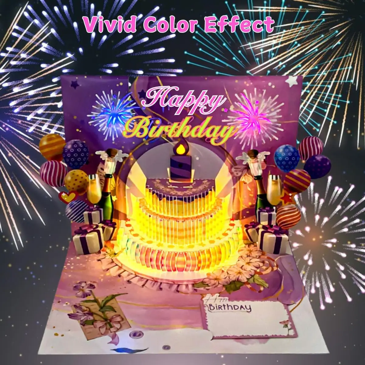 Music Playing Light-Up 3D Pop Up Birthday Card with Firework & Balloon Elements, Customizable Blank Birthday Note Card for All Age Birthday Presents