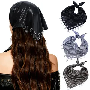 Y2K Punk Triangle Head Scarf with Metal Charms Sparkly Bandana for Women | Vintage Neck Scarf for Festival Party Concert