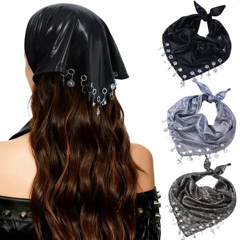 Women's Y2K Punk Triangle Alt Accessories for Women - Metal Charms, Sparkly, Lightweight Vintage Print, One Size Hip Scarf, Scarf Head Wrap for Festival, Engagement (Accessories Adults)
