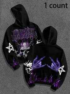 Men's Fall Winter Fitted Long Sleeves Hooded Sweatshirt, Tops, Skull Horror Print, Drawstring and Kangaroo Pocket Design, Comfortable Fabric, Street Fashion