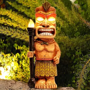 13-Inch Resin-Made Exotic Tribal Solar-Powered Tiki Statue Totem Pole Ornament, Flickering LED Eyes and Lights, Outdoor Decor for Patio, Garden