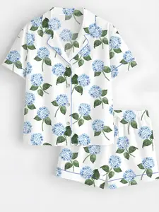 Women’s Hydrangea Bloom Blue Hydrangea Watercolor Flower Short Sleeve Satin Pajama Set, Long Sleeve Satin Pajama Set