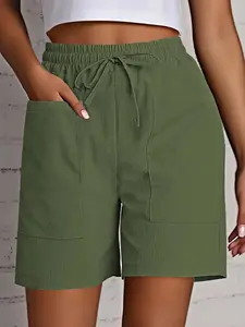 Women's Cotton Linen Drawstring Waist Shorts, Loose Fit Casual Sporty Plain Pocket Shorts with Pockets, Perfect for Daily Wear and Home Activities